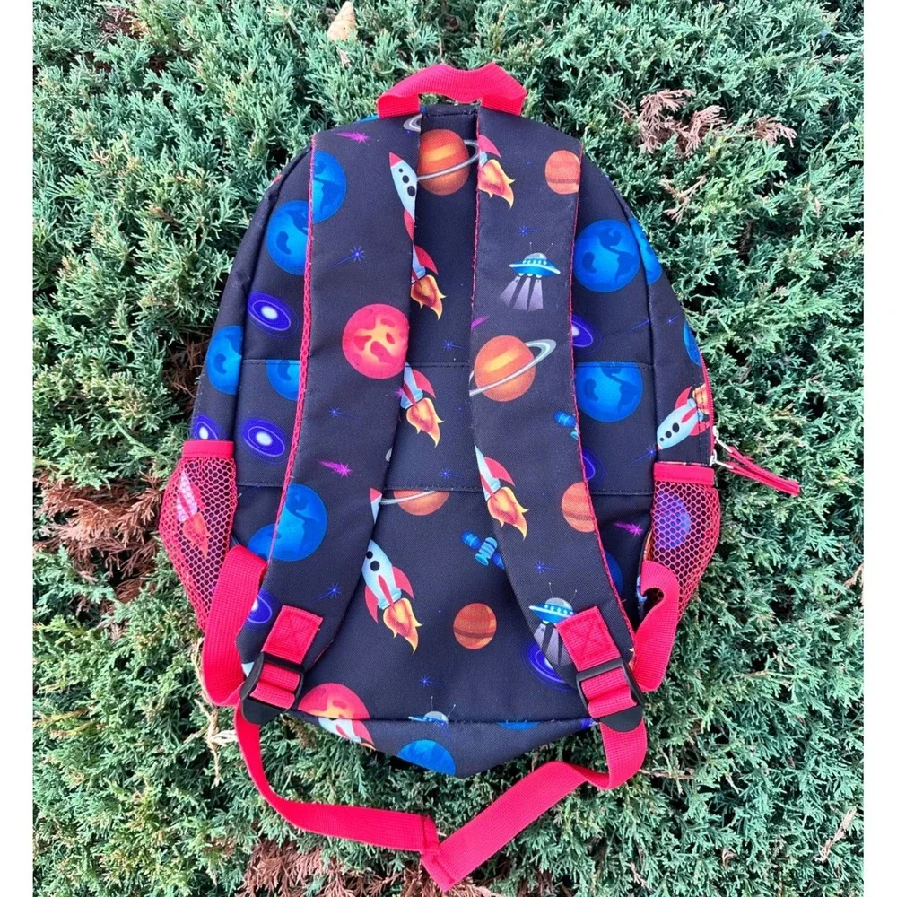 Solar System Space Rockets Planets Little Kids School Bag Backpack Black Red